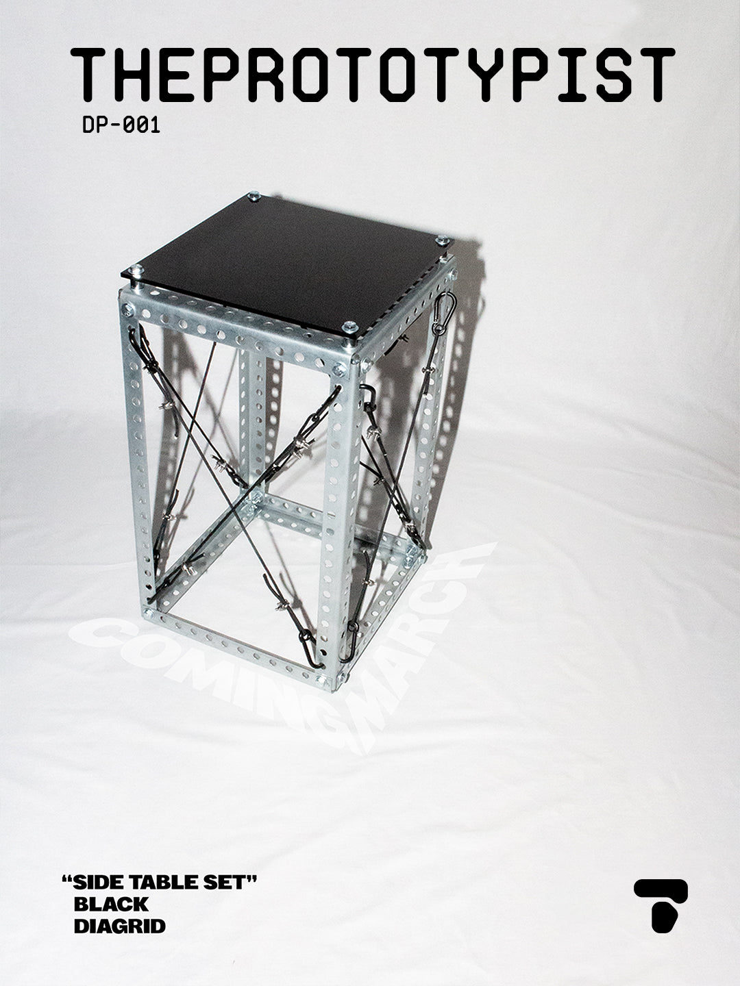 THEPROTOTYPIST Side Table Set DP-001 — Diagrid steel frame table with black acrylic top.